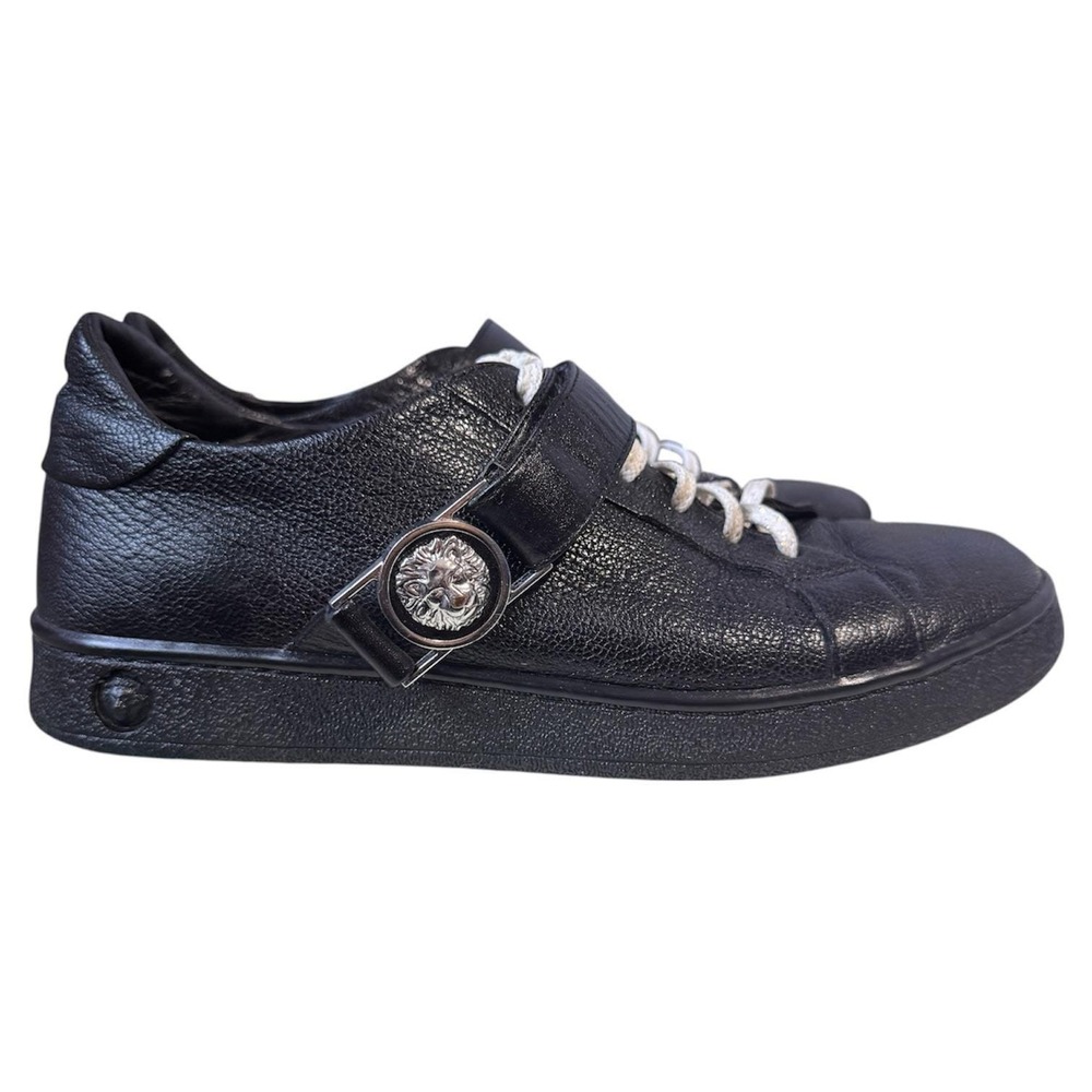 Versus Versace Black Leather Lion Buckle Strap Sneakers Designer Shoes